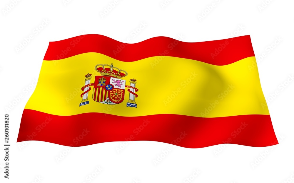 The flag of Spain. Official state symbol of the Kingdom of Spain. Concept: web, sports pages, language courses, travelling, design elements. 3d illustration The flag of Spain. Official state symbol of the Kingdom of Spain. Concept: web, sports pages, language courses, travelling, design elements. 3d illustration