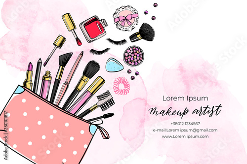 Сosmetics background with copy space for text. Hand drawn decorative cosmetics set
