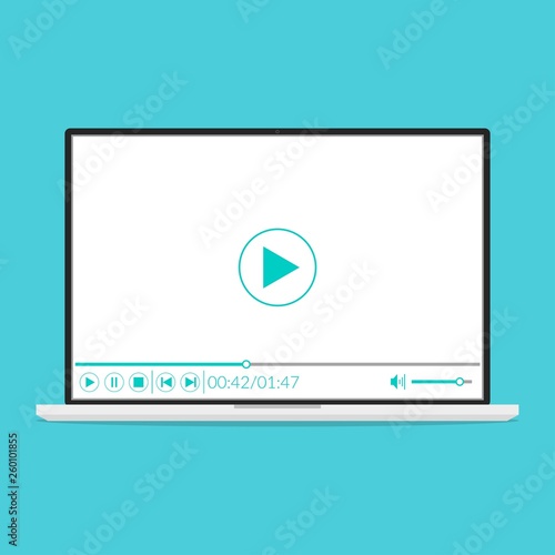 Laptop with video player in minimalistic design on screen. Template design for online video, movies, streaming; web study and learning.