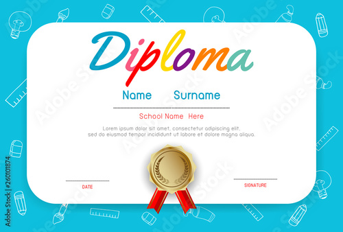 Certificates kindergarten and elementary, Preschool Kids Diploma certificate pattern design template, Diploma template for kindergarten students, Certificate of kids diploma