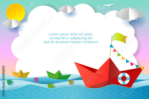 origami boat sailing in the ocean, travel concept Template for advertising brochure, your text, paper art and digital craft style, leadership concept, flat Vector illustration.