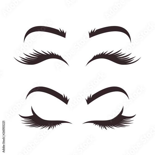 Different types variation of eyebrows and eyelashes models. Black line icons illustration isolated graphic design set. Beauty industry concept