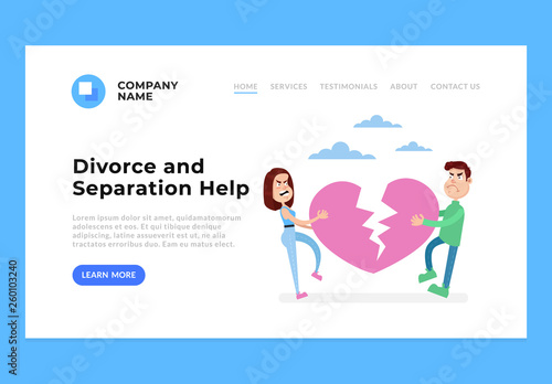 Professional psychology and low help for devours separation property. Web site internet page template concept. Vector flat cartoon design graphic isolated illustration