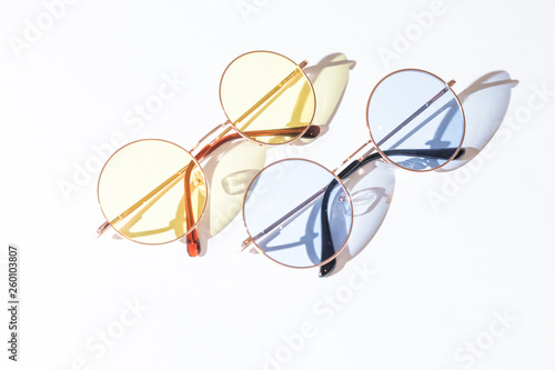 Glasses concept. Set of glasses with different eyeglass frame and transparent lenses on white background top view