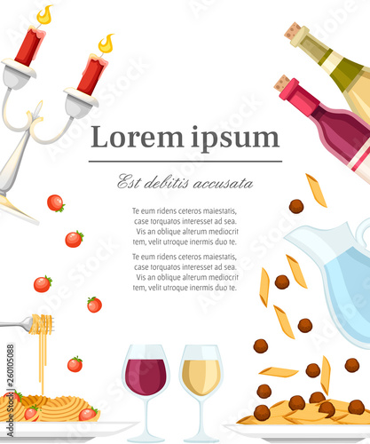Italian food pasta Spaghetti and Cellentani with tomatoes. Flat vector illustration. Concept for greetings card and advertising flyer. Wine and pasta with tomatoes on white plate