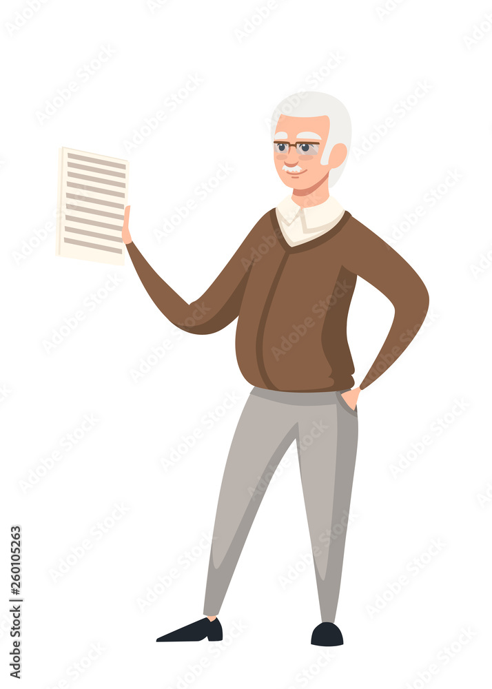 Senior teacher, professor standing in front, and hold the educational material on paper. Cartoon character design. Flat vector illustration isolated on white background Senior teacher, professor standing in front, and hold the educational material on paper. Cartoon character design. Flat vector illustration isolated on white background