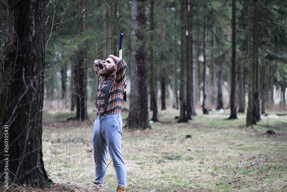 Fototapeta premium A bearded lumberjack with a large ax