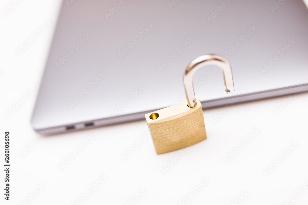 Open lock on keyboard. Hacker attack, information leak concept. Security concept Open lock on keyboard. Hacker attack, information leak concept. Security concept