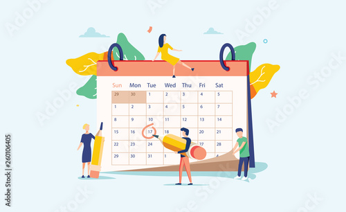 Planning vector illustration. Flat mini persons concept with schedule calendar. System to organize daily routine.