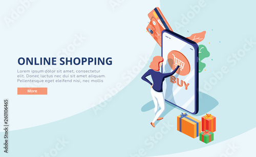 Online shopping concept with character. Sale and consumerism. Young woman shop online using smartphone. Web banner