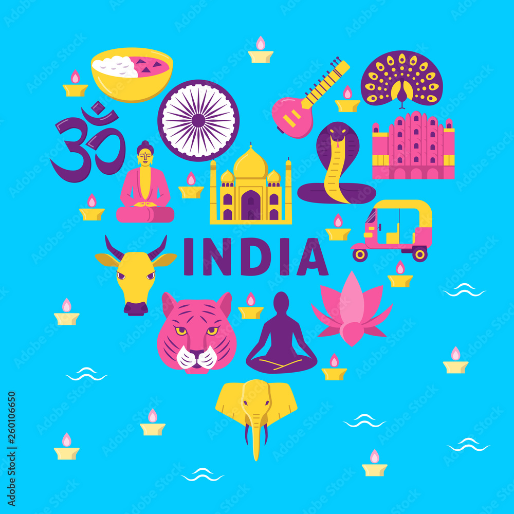 Bright banner with India national symbols in flat style Bright banner with India national symbols in flat style