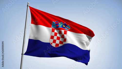 Waving flag of Croatia. Croatian Republic. The flagpole is street.