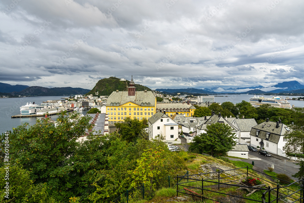 Alesund cityscape viewed from Storhaugen park. In the background there is mount Aksla, which offers the best viewpoint of the city
