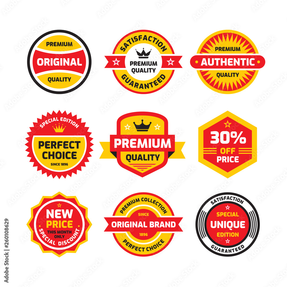 Set retro business badge vector illustration set in flat style. Vintage premium logo collection. Authentic original quality. Satisfaction guaranteed. Sticker, label and emblem graphic design elements. Set retro business badge vector illustration set in flat style. Vintage premium logo collection. Authentic original quality. Satisfaction guaranteed. Sticker, label and emblem graphic design elements.