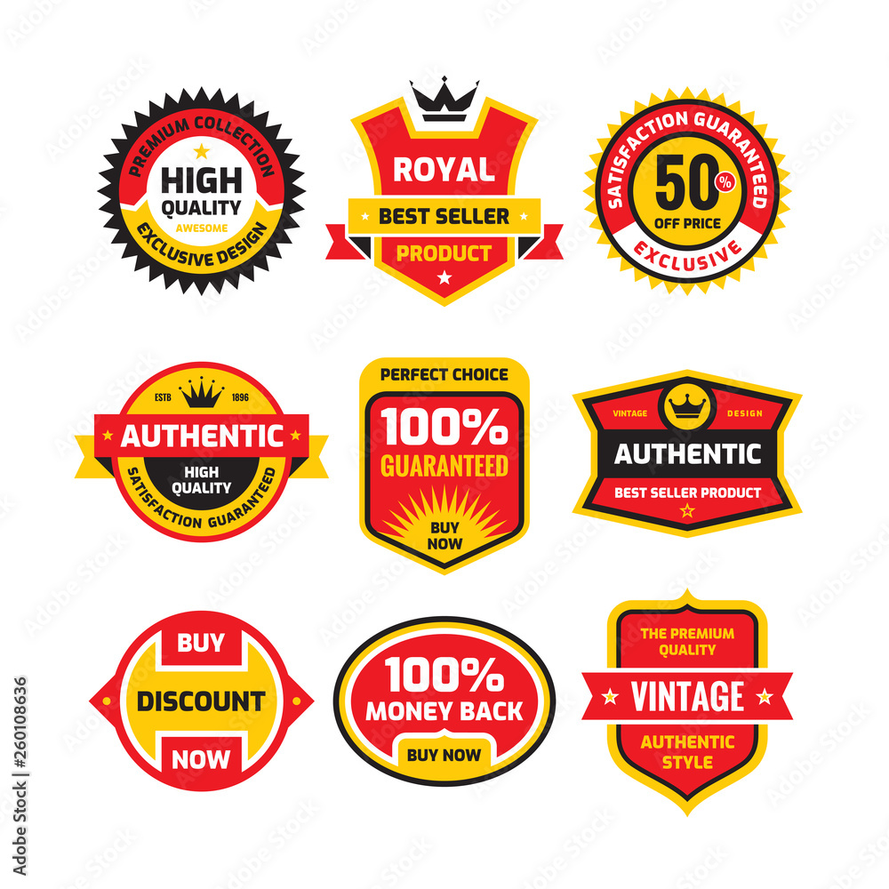Set retro business badge vector illustration set in flat style. Vintage premium logo collection. Authentic vintage design. Satisfaction guaranteed. Sticker, label and emblem graphic design elements. Set retro business badge vector illustration set in flat style. Vintage premium logo collection. Authentic vintage design. Satisfaction guaranteed. Sticker, label and emblem graphic design elements.