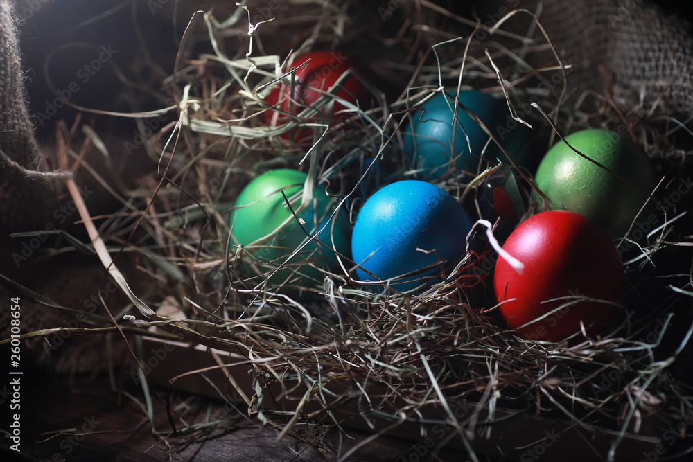 Easter painted eggs on burlap Easter painted eggs on burlap