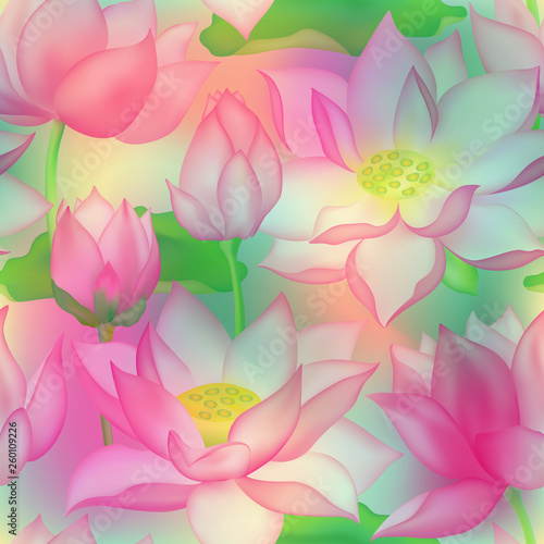 Lotus buds and flowers seamless vector pattern., Water lilly nelumbo aquatic plant packaging design.