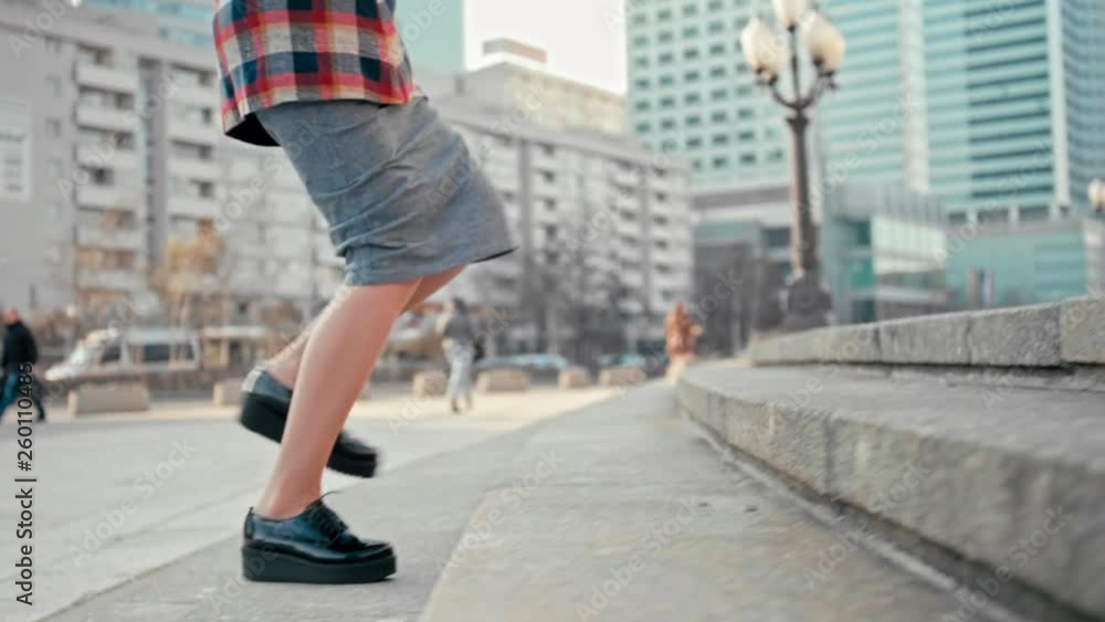 Low Angle 4K Shot of Woman Walking Upstairs Outdoors in City. Female Legs in Pencil Skirt and Patent Platform Shoes Making Steps Up to Climb Up the Stairs Low Angle 4K Shot of Woman Walking Upstairs Outdoors in City. Female Legs in Pencil Skirt and Patent Platform Shoes Making Steps Up to Climb Up the Stairs