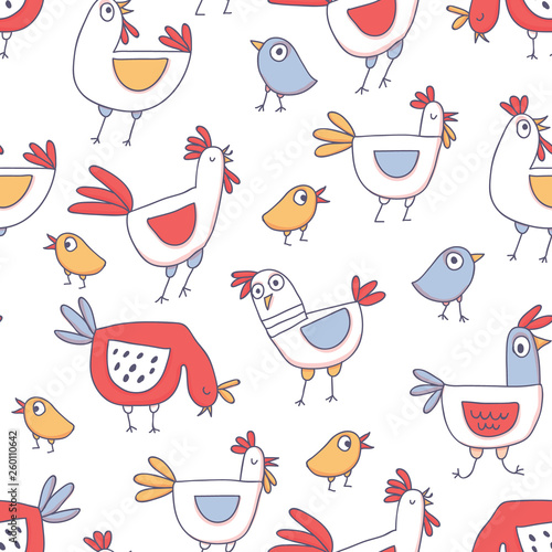 Cute cartoon rooster seamless pattern doodle style