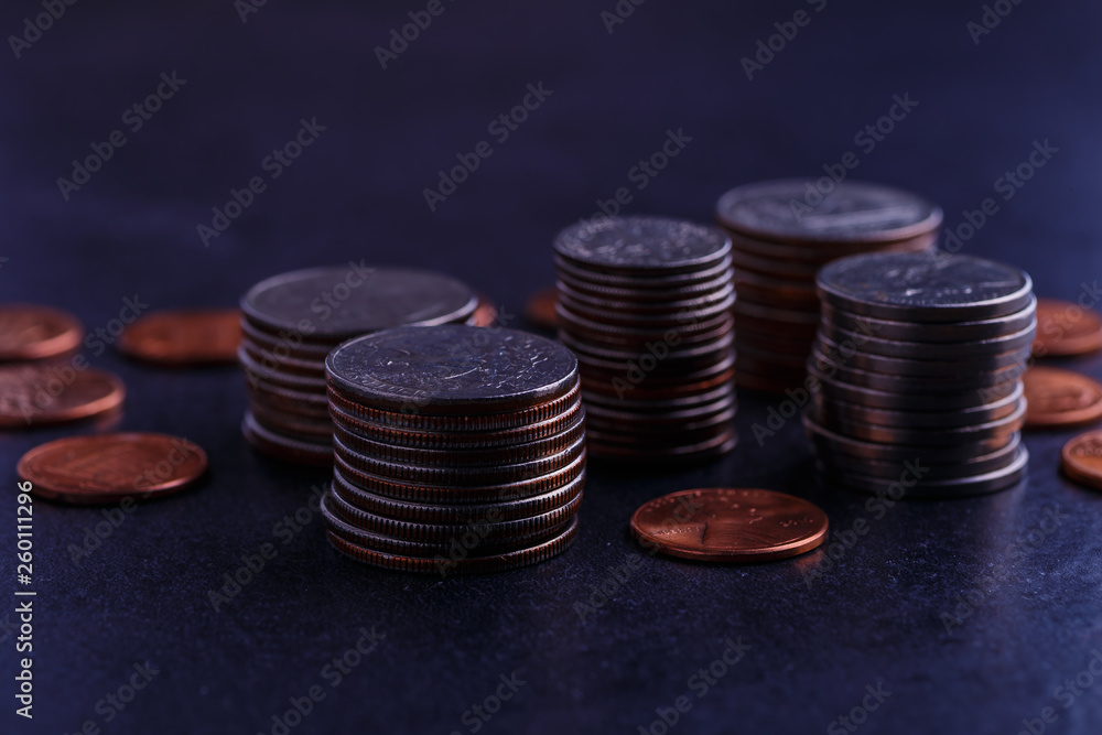 Pile of Golden coin, silver coin, copper coin, quarters, nickels, dimes, pennies, fifty cent piece and dollar coins. Various USA coins, American coins for business, money, financial coins and economy Pile of Golden coin, silver coin, copper coin, quarters, nickels, dimes, pennies, fifty cent piece and dollar coins. Various USA coins, American coins for business, money, financial coins and economy