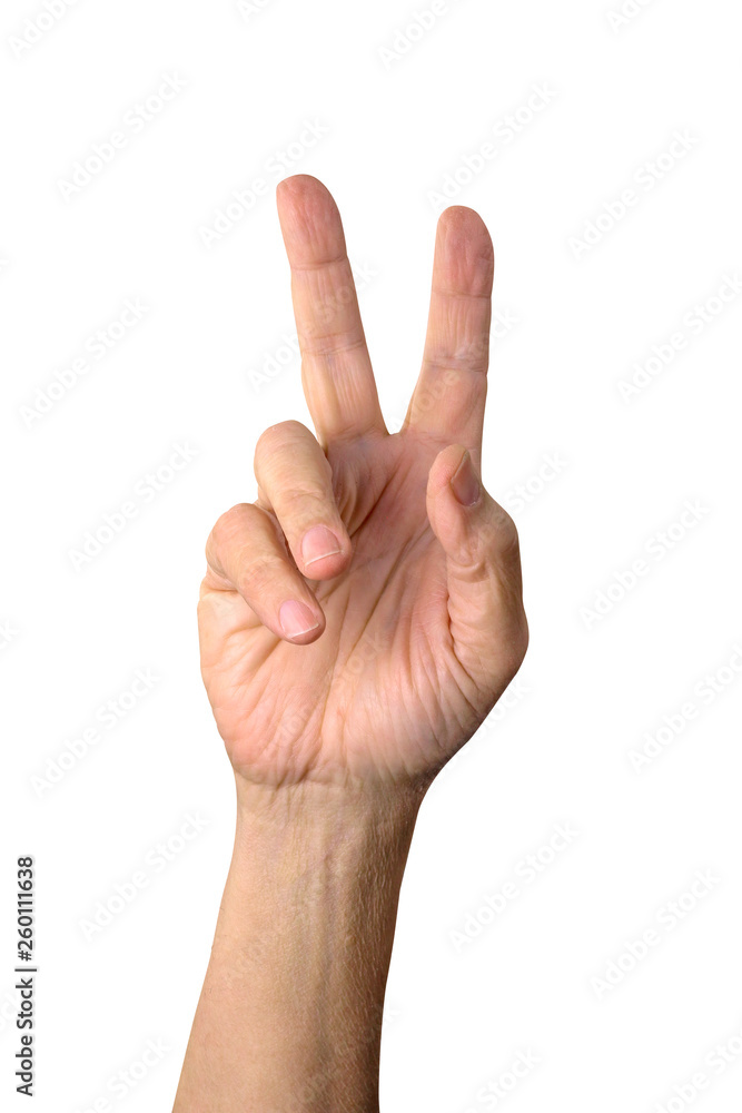 Old man hand isolated on white. Aged man hand showing victory sign. Counting hand. Two. Part of set. Old man hand isolated on white. Aged man hand showing victory sign. Counting hand. Two. Part of set.