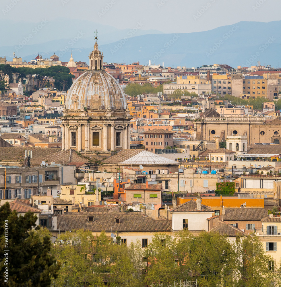 Panorama from the Gianicolo Terrace with the dome of Sant'Andrea della Valle Church in Rome, Italy.