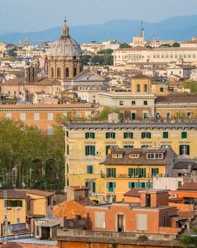 Panorama from the Gianicolo Terrace with the dome of Santi Biagio e Carlo ai Catinari Church in Rome, Italy.