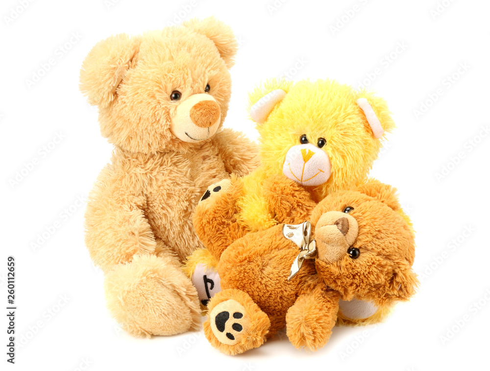 three toy teddy bears isolated on white background