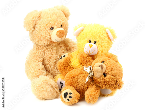 three toy teddy bears isolated on white background © Eywa