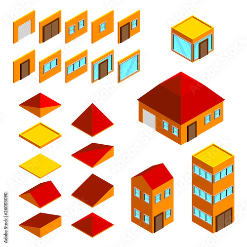 Building elements isometric houses icons vector set