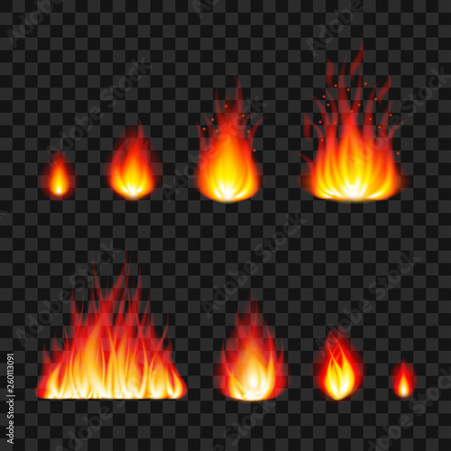 Burning fire flames photo realistic vector set