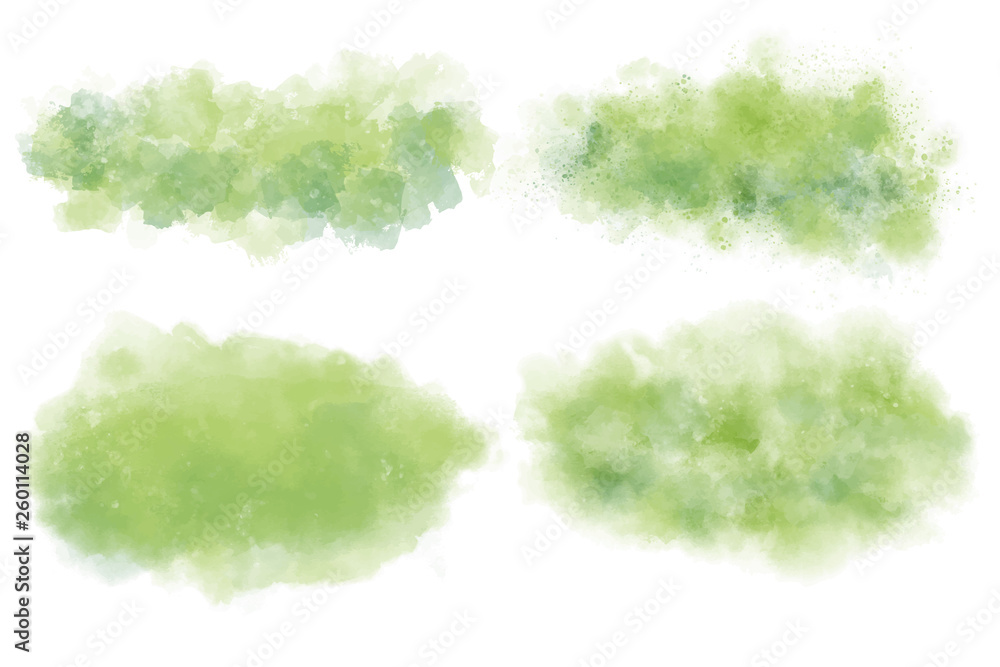 Watercolor set of tropical texture. Green Vector backgrounds. Abstract aquarelle. Colorful splash on white backdrop. Beautiful texture for your graphic design.