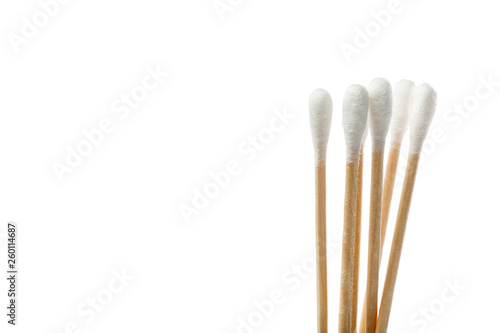 Eco-friendly materials. Wooden  cotton swabs on a white background.