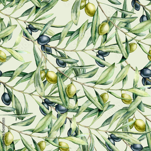 Watercolor delicate seamless pattern with olives branches. Hand painted olives and leaves isolated on pastel background. Botanical illustration for design, print, fabric or background.