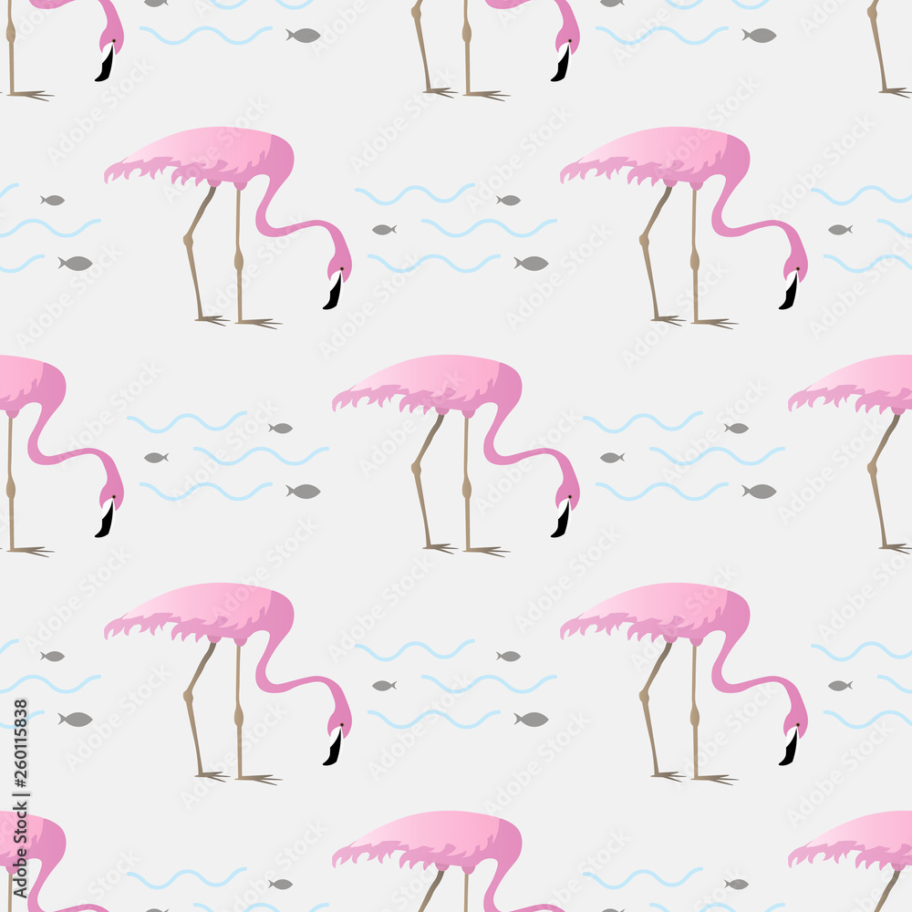 Fototapeta premium Vector seamless pattern with flamingo birds on a lake,surrounded by fish