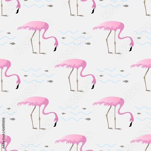 Vector seamless pattern with flamingo birds on a lake,surrounded by fish © Aleksandra Chebyshev