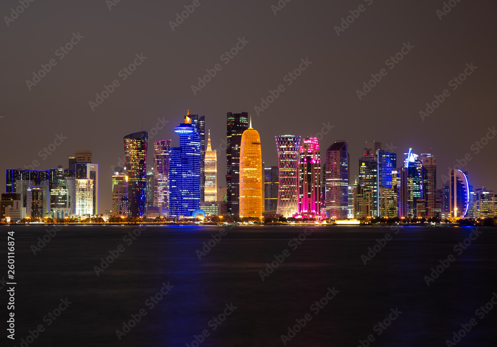 Fototapeta premium April 2019 - Doha City Center Skyscrapers at Night