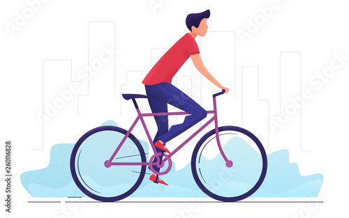 Vector illustration of a young man cycling around the city.