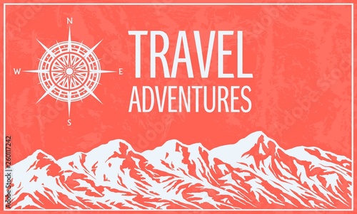 Mountaineering and travelling grunge background with huge mountain range silhouette and compass rose. Living coral background. Vector illustration with copy-space.