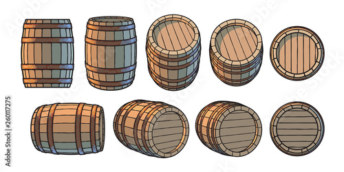 Set of wooden barrels in different positions. Front and side view, at different angles Vector illustrations isolated on white.