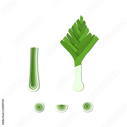 Set of green leek paper cut style. Origami vegetable isolated on white background. Collection of onion layers cut out of paper. Vector illustration