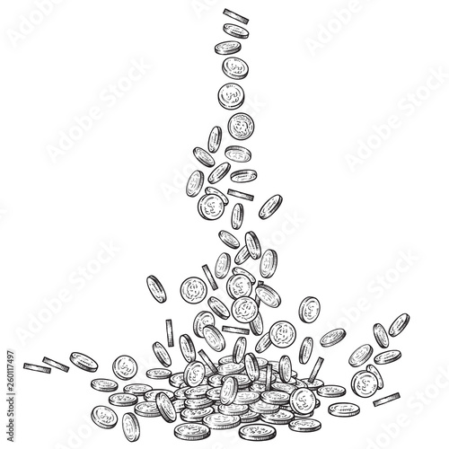 Sketch of falling coins, money flowing top down, big pile of cash, a lot of money, treasure concept. Black and white hand drawn vector illustration on white