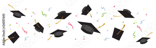 Graduating black caps up in the air on a white background-vector