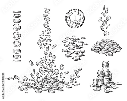 Sketch set of coins in different positions. Old coin, falling dollars, pile of cash, stack of money. Black and white hand drawn vector illustration on white background.