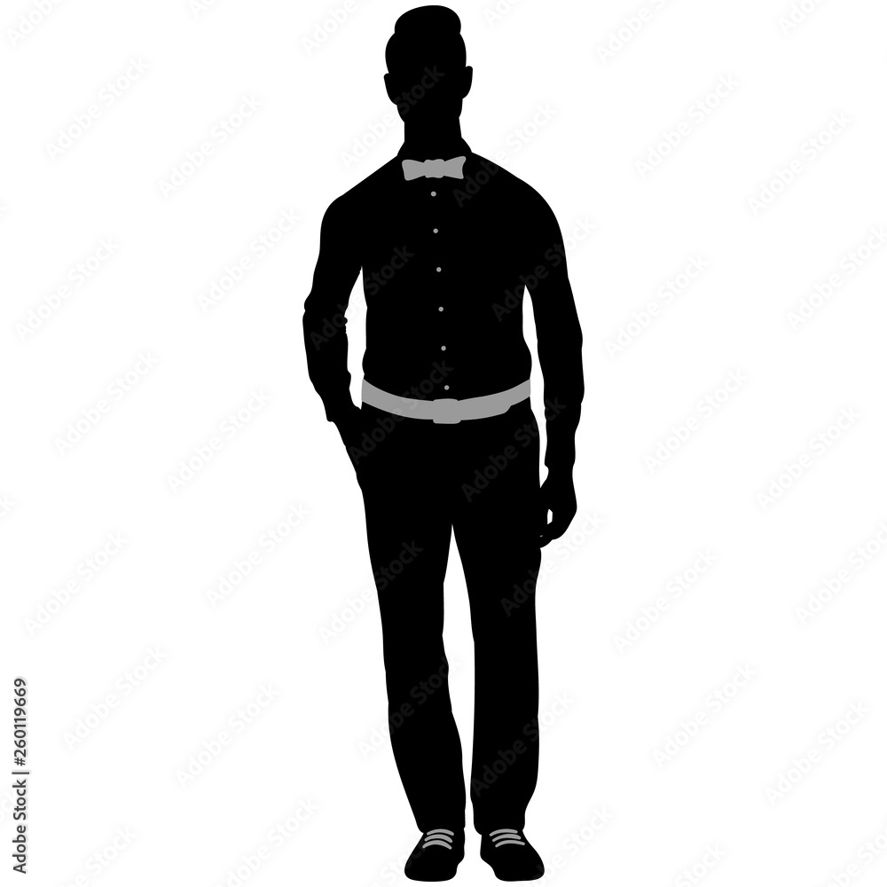 Silhouette of a stylish man wearing a bow tie and leather belt