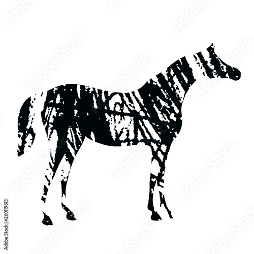 Horse silhouette with grunge grain black hand drawing artistic strokes stamp texture. Vector art with crayon abstract style. Equestrian sport illustration.