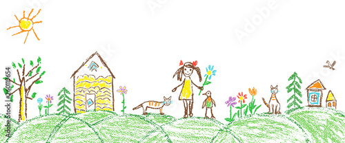 Like child hand drawing summer garden village. Crayon, pastel chalk or pencil simple funny sketch doodle girl, house, cat, kid, tree, flower, meadow, hut. Vector seamless border copy space background