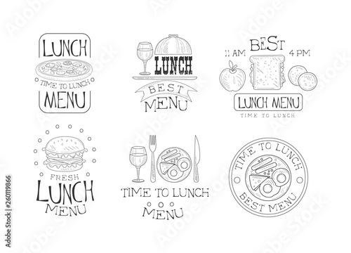 Vectoe set of hand drawn black and white emblems for lunch menu. Original logos with fresh pizza, tasty burger, fired eggs and sandwich