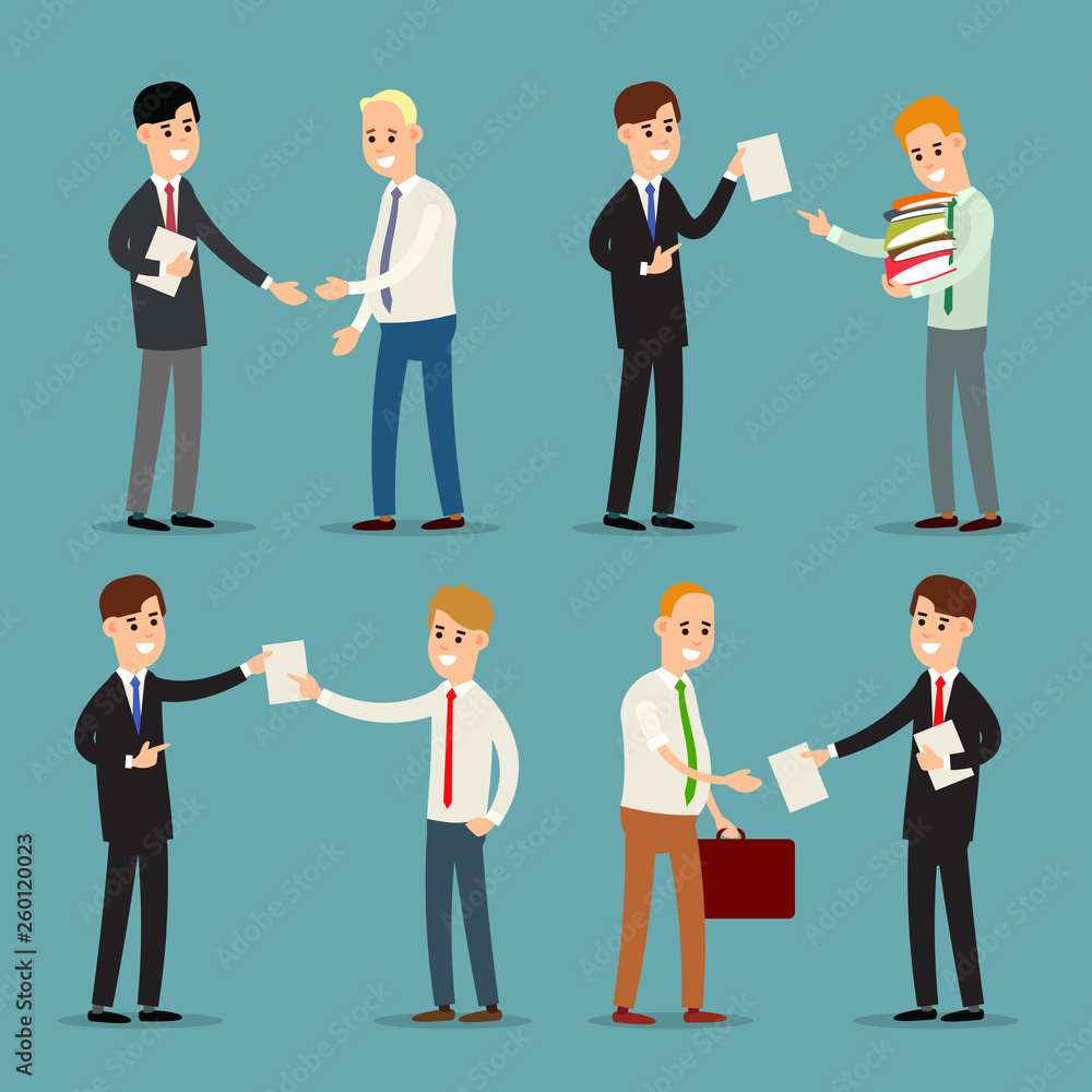 Businessman standing and talking in modern style. Concept business relations. Accounting and job employee with paper documents. Business contract. Illustration isolated on background in flat style Businessman standing and talking in modern style. Concept business relations. Accounting and job employee with paper documents. Business contract. Illustration isolated on background in flat style