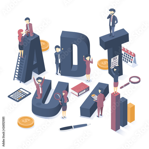 Isometric vector illustration. The concept of business auditing. Professional audit advice. Web banner.  